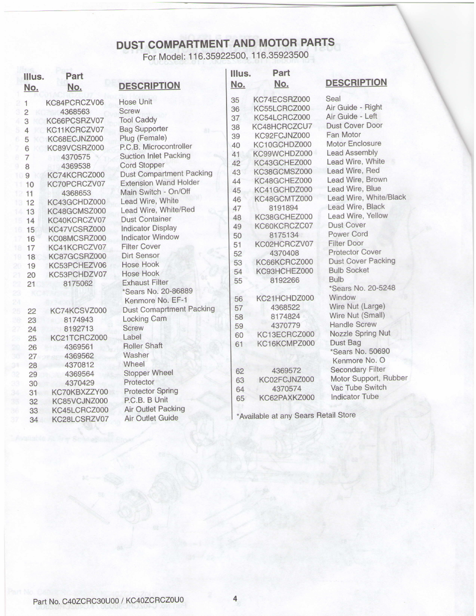 Dust compartment and motor parts | Sears 116.35923500 User Manual | Page 4 / 7