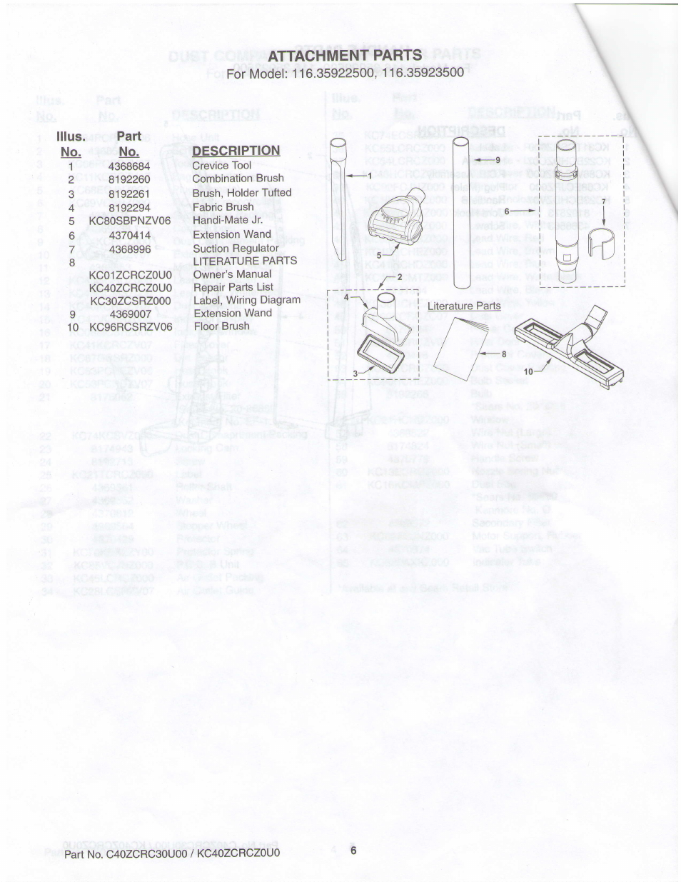 Ulus. part, No. no, Description | Attachment parts | Sears 116.35923500 User Manual | Page 6 / 7