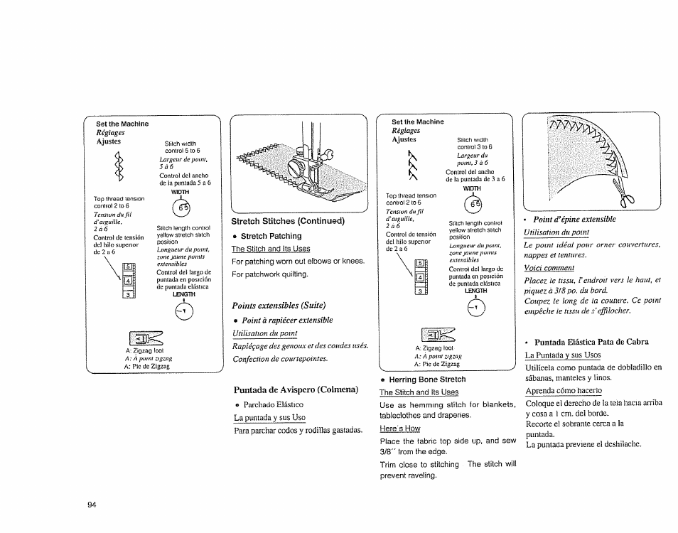 Stretch stitches (continued), Puntada de avispero (colmena), A herring bone stretch | Herring bone stretch, Points extensibles (suite) | Sears 385.1883 User Manual | Page 102 / 139