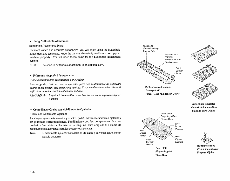 Using buttonhole attachment, Cómo hacer ojales con el aditamento ojalador | Sears 385.1883 User Manual | Page 114 / 139