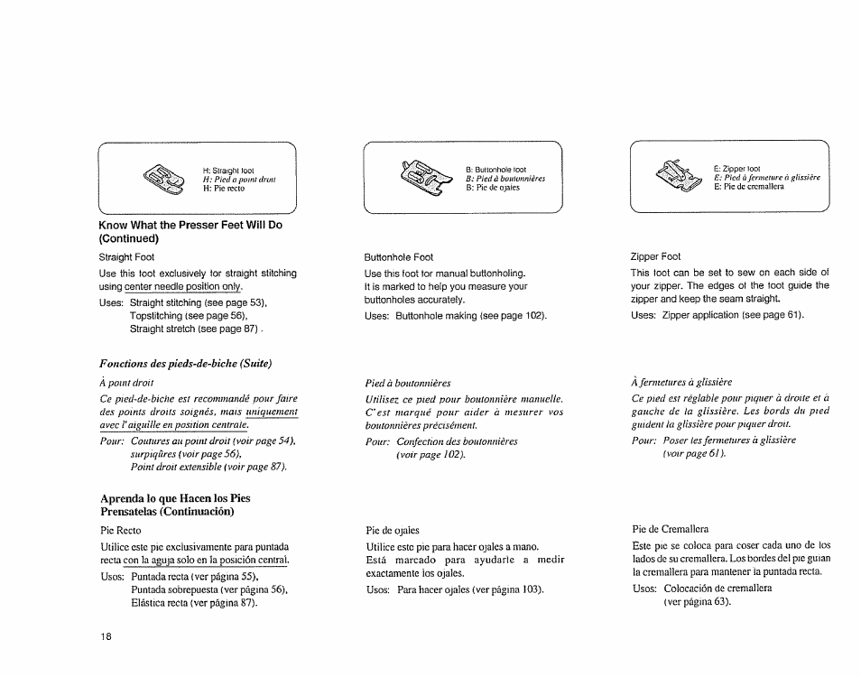 Know what the presser feet will do (continued), Aprenda ío que hacen los pies prénsatelas -20 | Sears 385.1883 User Manual | Page 26 / 139