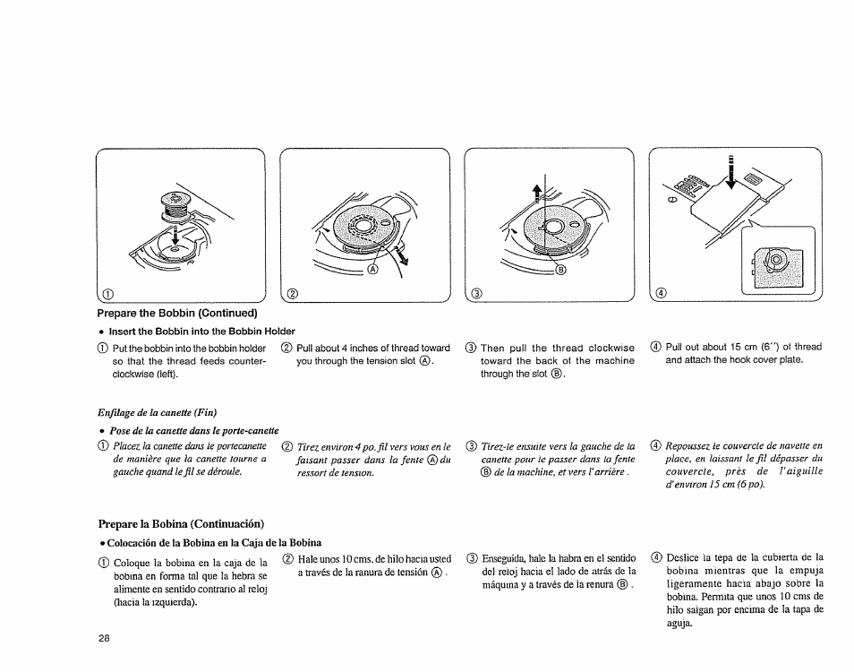 Insert the bobbin into the bobbin holder, Prepare la bobina {continuación) | Sears 385.1883 User Manual | Page 36 / 139