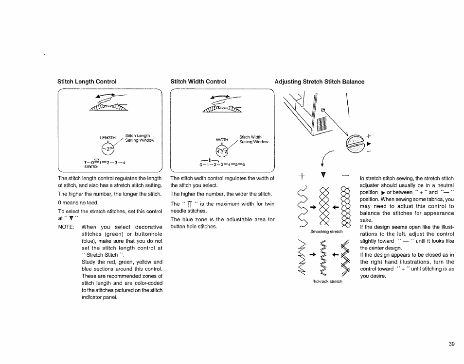 Stitch length control, Stitch width control, Adjusting stretch stitch balance | Sears 385.1883 User Manual | Page 47 / 139