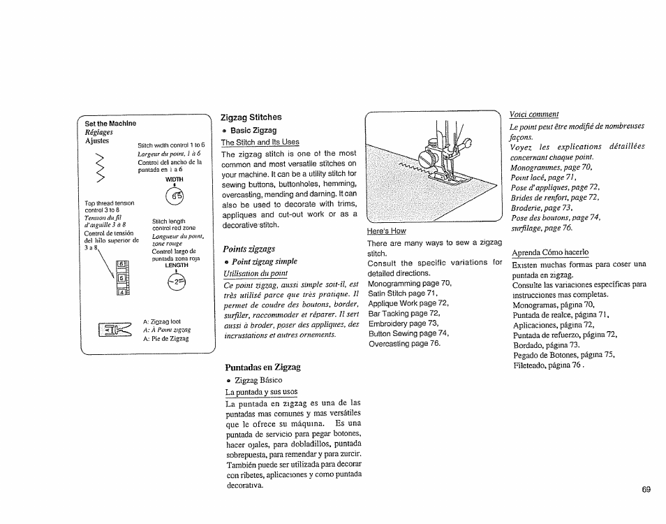 Zigzag stitches s basic zigzag, Puntadas en zigzag | Sears 385.1883 User Manual | Page 77 / 139