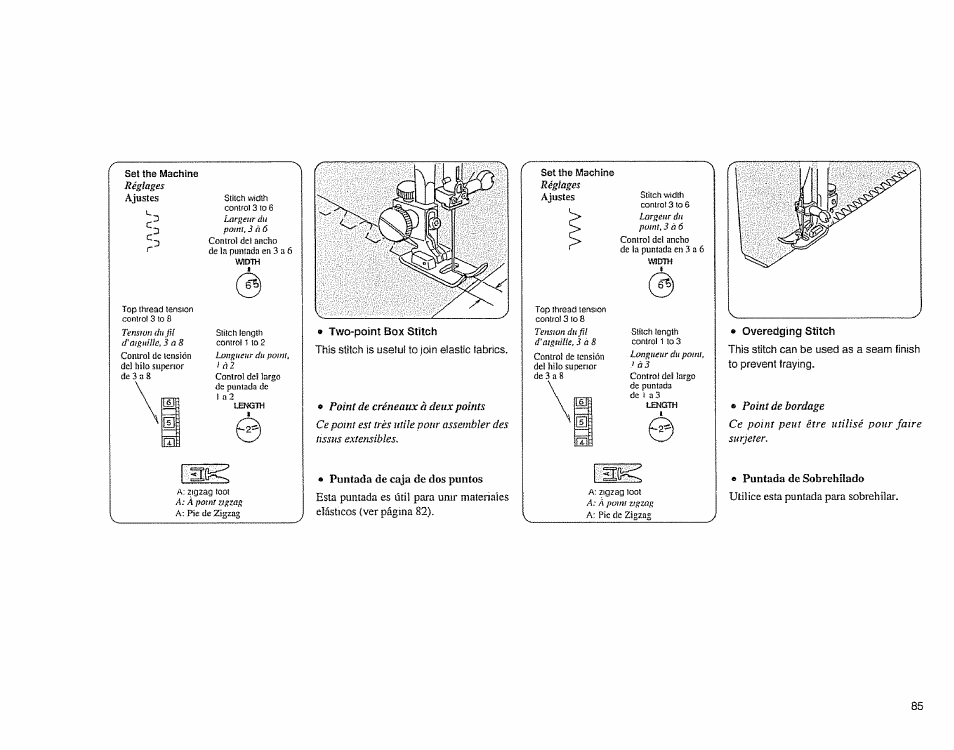 Two-point box stitch, Overectging stitch, Puntada de sobrehilado | A overcasting stitch | Sears 385.1883 User Manual | Page 93 / 139