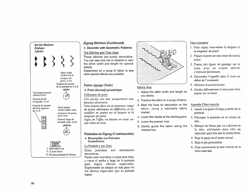 Zigzag stitches (continued), Decorate with geometric patterns, Points zigzags (suite) | Puntadas en zigzag (continuación), Decorative with geometric patterns | Sears 385.1883 User Manual | Page 94 / 139