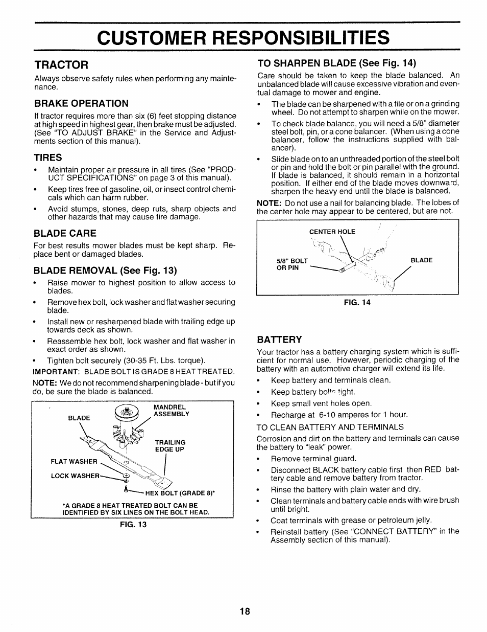 Tractor, Brake operation, Tires | Blade care, Blade removal (see fig. 13), To sharpen blade (see fig. 14), Battery, Customer responsibilities | Sears 917.252714 User Manual | Page 18 / 120