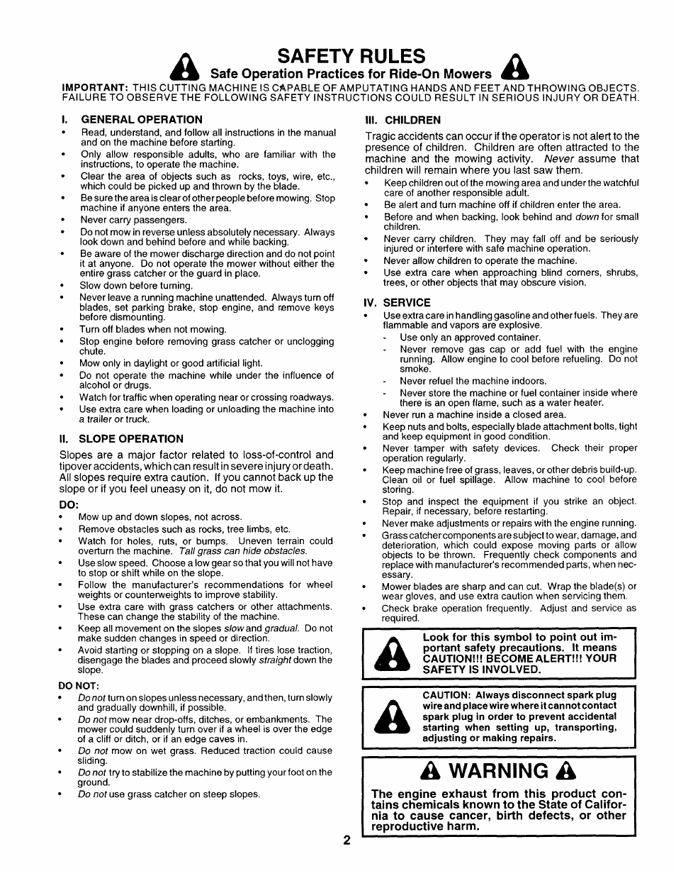 Safe operation practices for ride-on mowers, Safety rules, Warning | Sears 917.252714 User Manual | Page 2 / 120