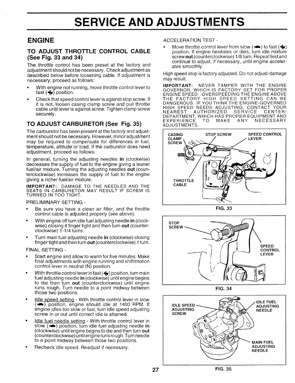 Engine, To adjust carburetor (see fig. 35), Service and adjustments | Sears 917.252714 User Manual | Page 27 / 120