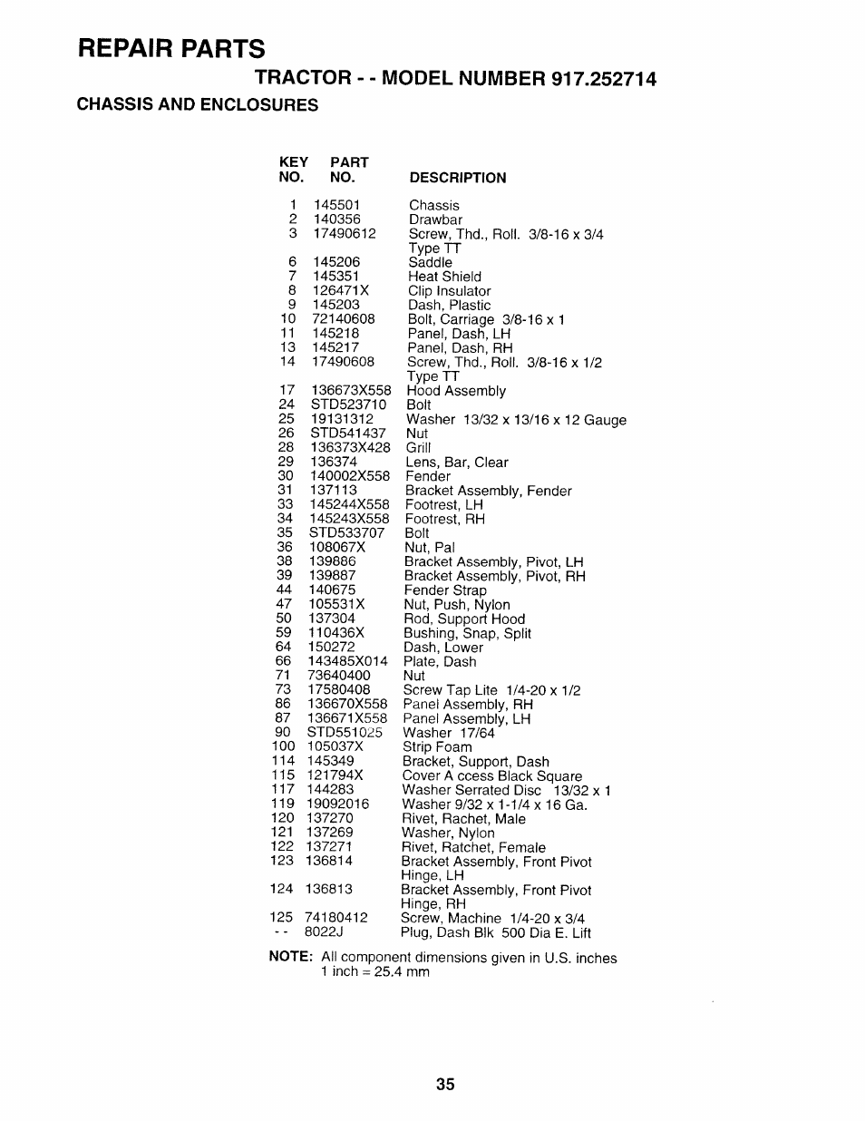 Tractor, Chassis and enclosures, Repair parts | Sears 917.252714 User Manual | Page 35 / 120