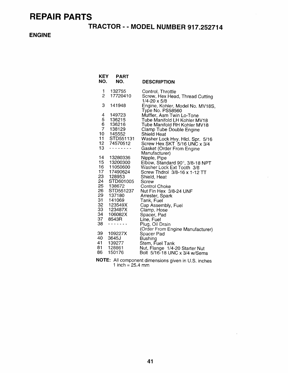 Engine, Repair parts | Sears 917.252714 User Manual | Page 41 / 120