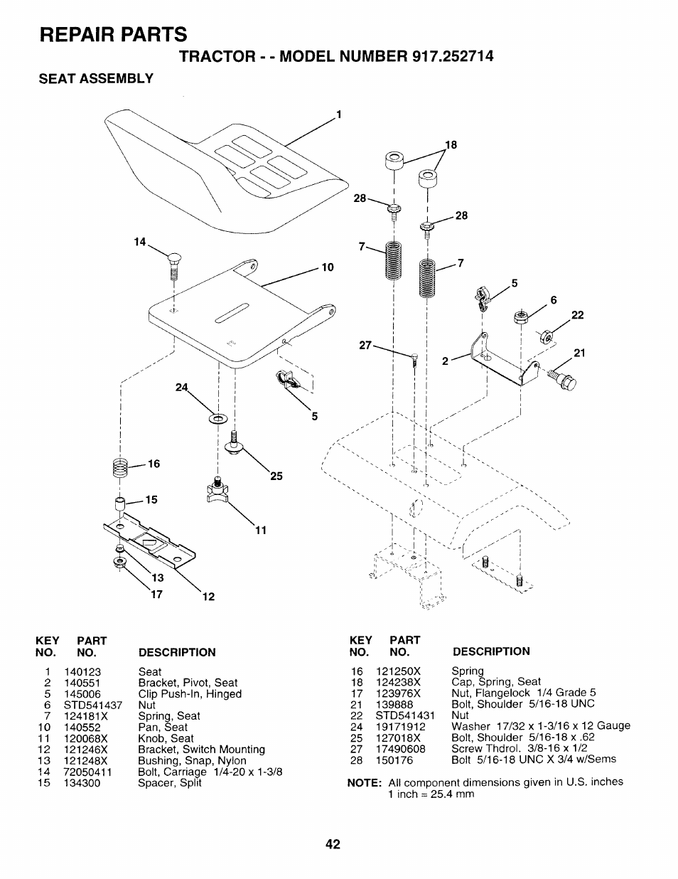 Seat assembly, Repair parts | Sears 917.252714 User Manual | Page 42 / 120