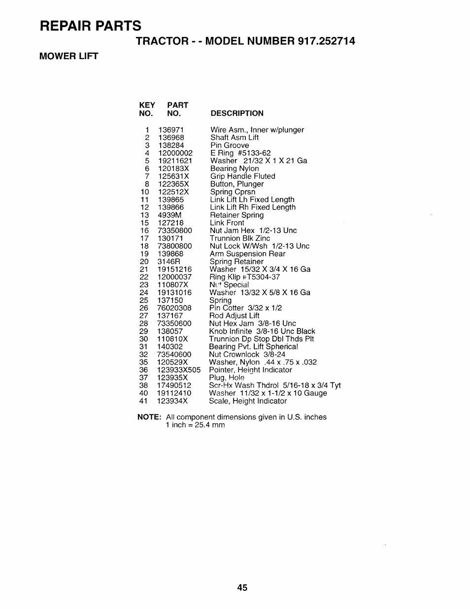 Mower lift, Repair parts | Sears 917.252714 User Manual | Page 45 / 120