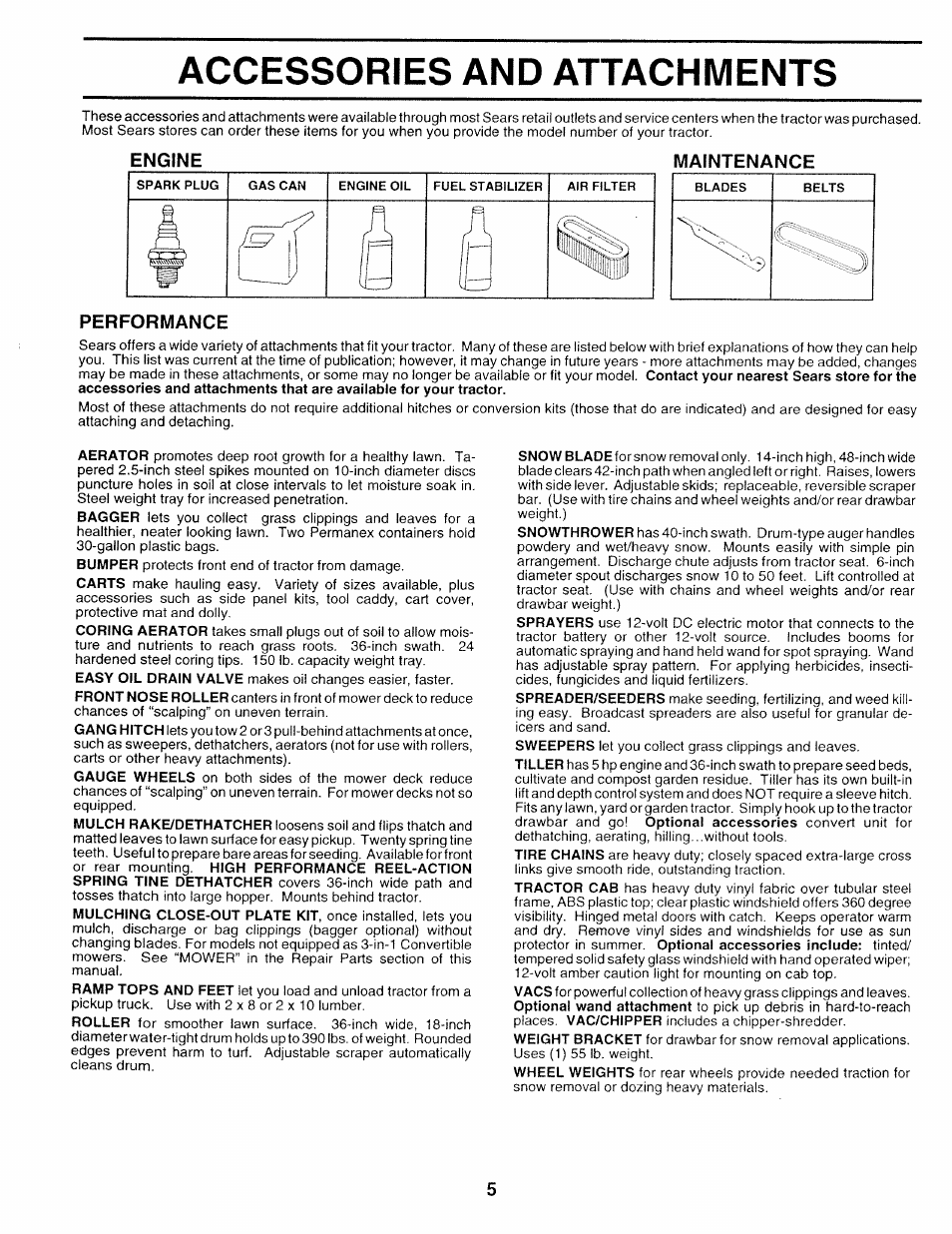 Engine, Maintenance, Performance | Accessories and attachments | Sears 917.252714 User Manual | Page 5 / 120