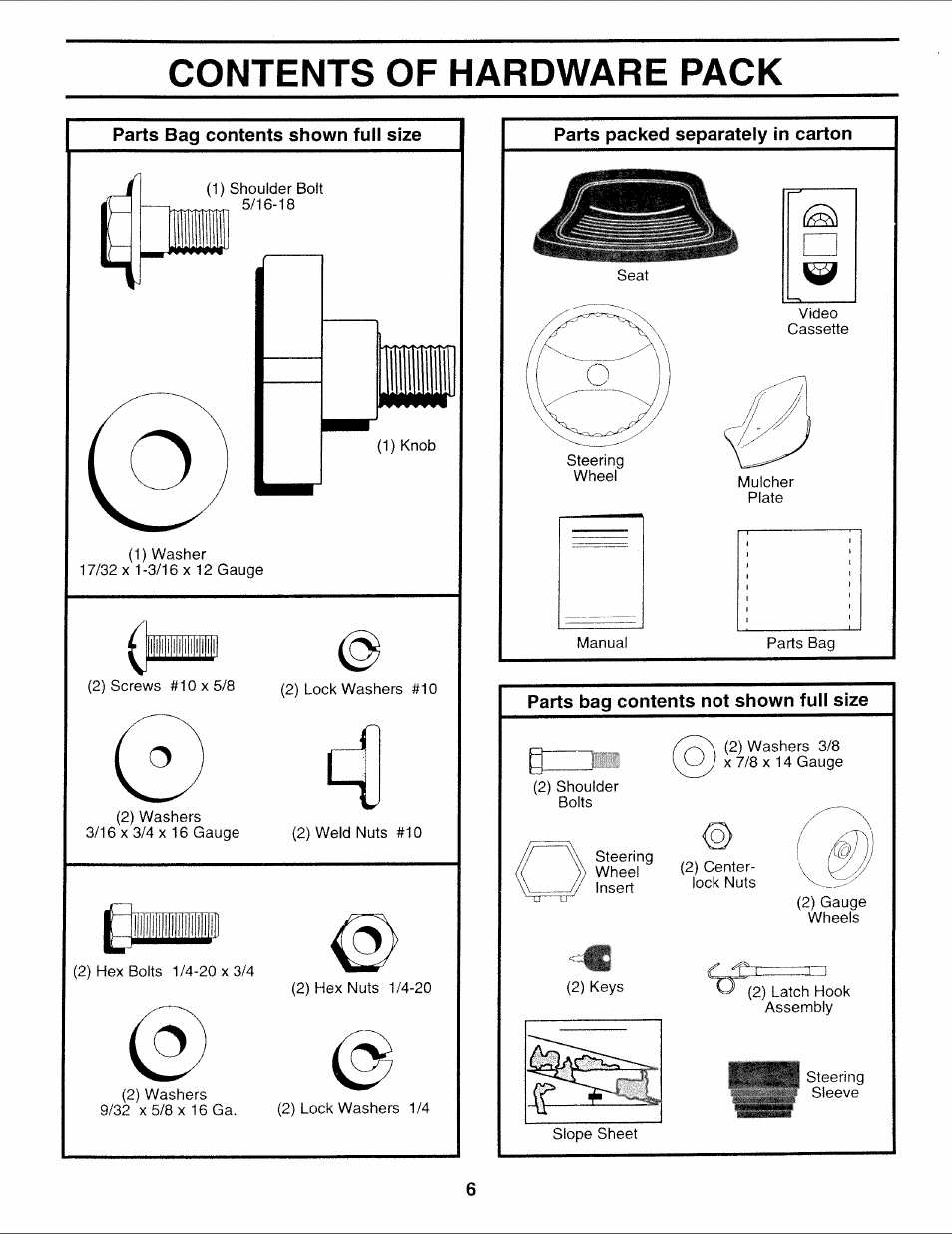 Parts packed separately in carton, Contents of hardware pack | Sears 917.252714 User Manual | Page 6 / 120