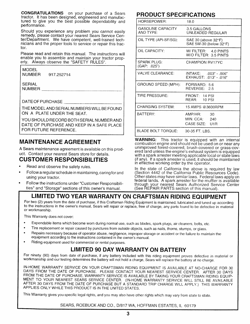 Product specifications, Maintenance agreement, Customer responsibilities | Limited 90 day warranty on battery, Customer responsibilities -20 | Sears 917.252714 User Manual | Page 63 / 120