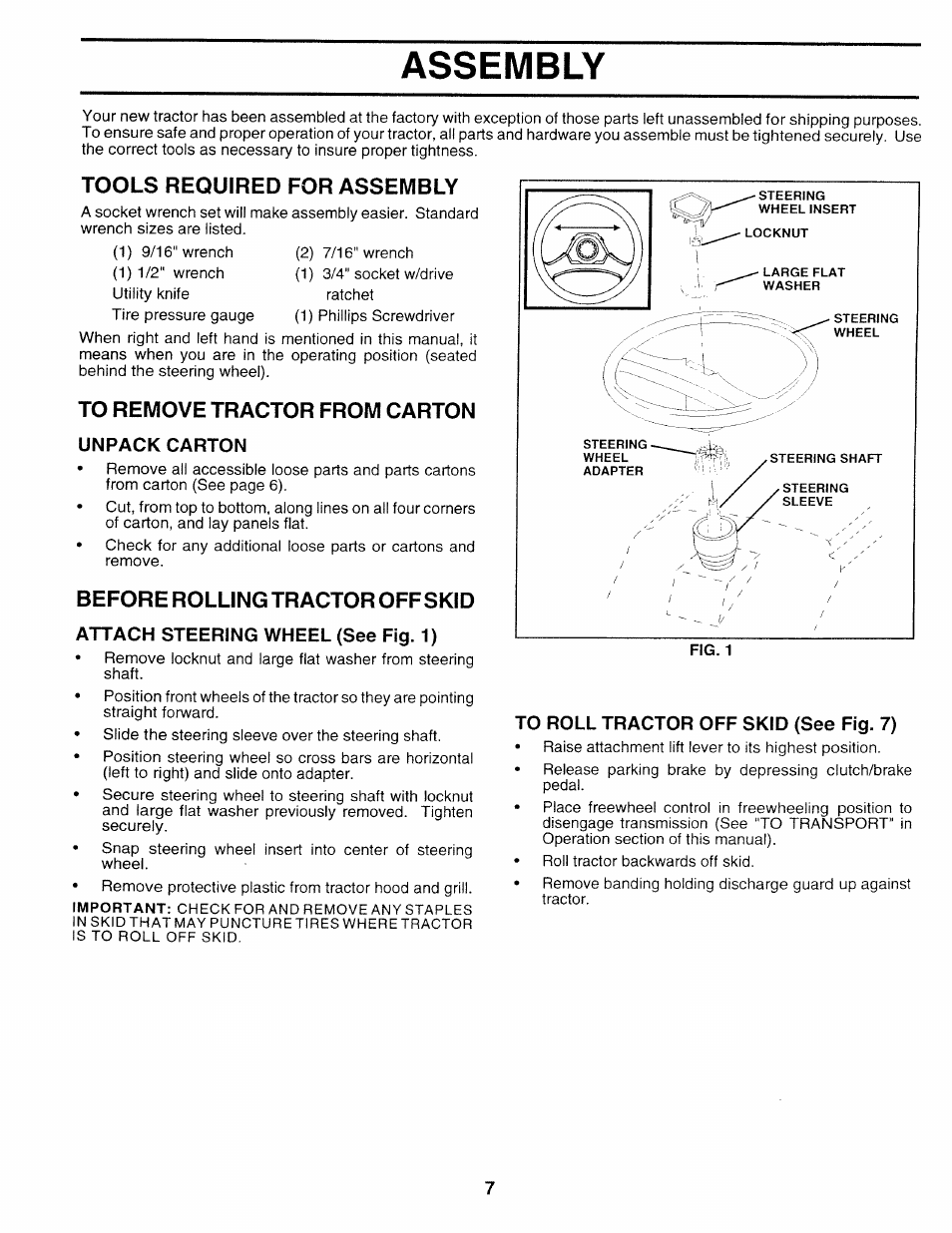 Tools required for assembly, To remove tractor from carton, Unpack carton | Before rollingtractoroffskid, Attach steering wheel (see fig. 1), To roll tractor off skid (see fig. 7), Assembly | Sears 917.252714 User Manual | Page 67 / 120