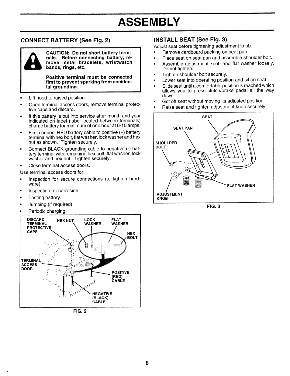 Connect battery (see fig. 2), Install seat (see fig. 3), Assembly | Sears 917.252714 User Manual | Page 68 / 120
