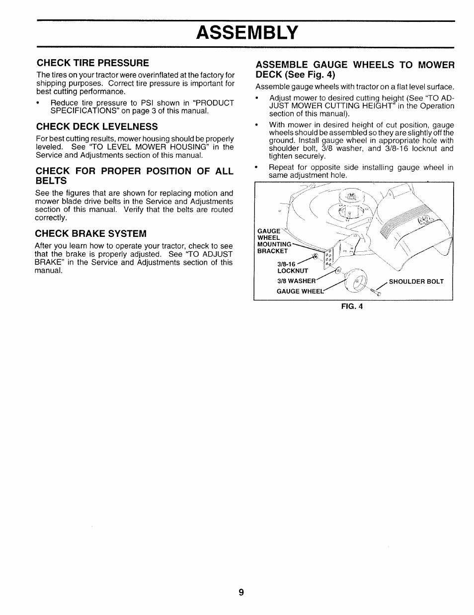 Check tire pressure, Check deck levelness, Check for proper position of all belts | Check brake system, Assemble gauge wheels to mower deck (see fig. 4), Assembly | Sears 917.252714 User Manual | Page 69 / 120