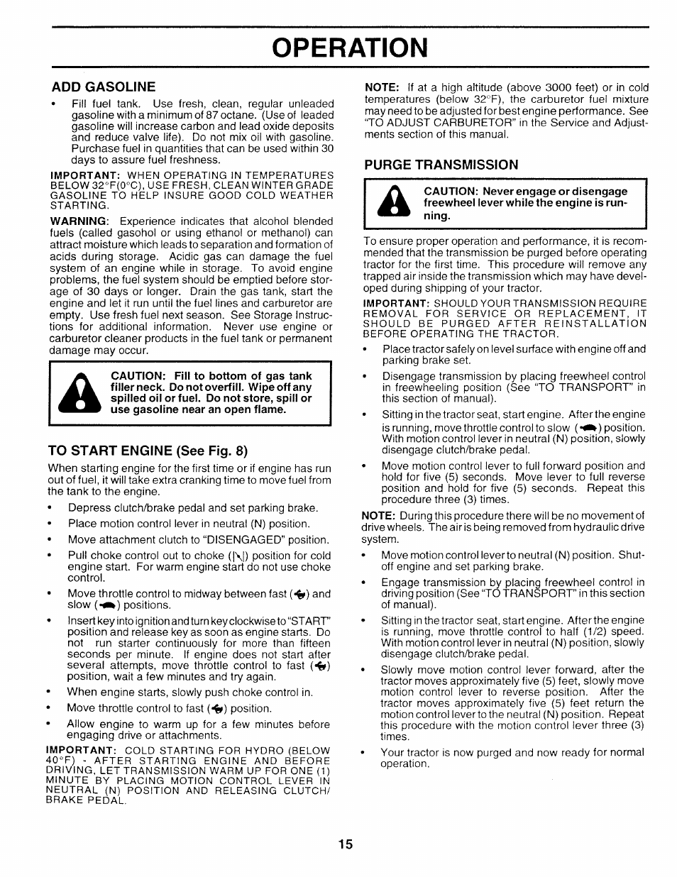 Add gasoline, To start engine (see fig. 8), Purge transmission | Operation | Sears 917.252714 User Manual | Page 75 / 120