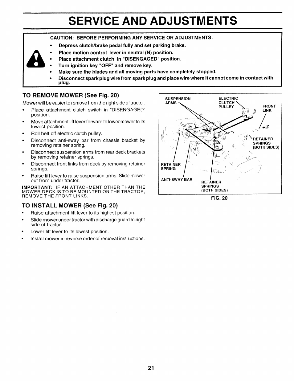 To remove mower (see fig. 20), To install mower (see fig. 20), Service and adjustments | Sears 917.252714 User Manual | Page 81 / 120
