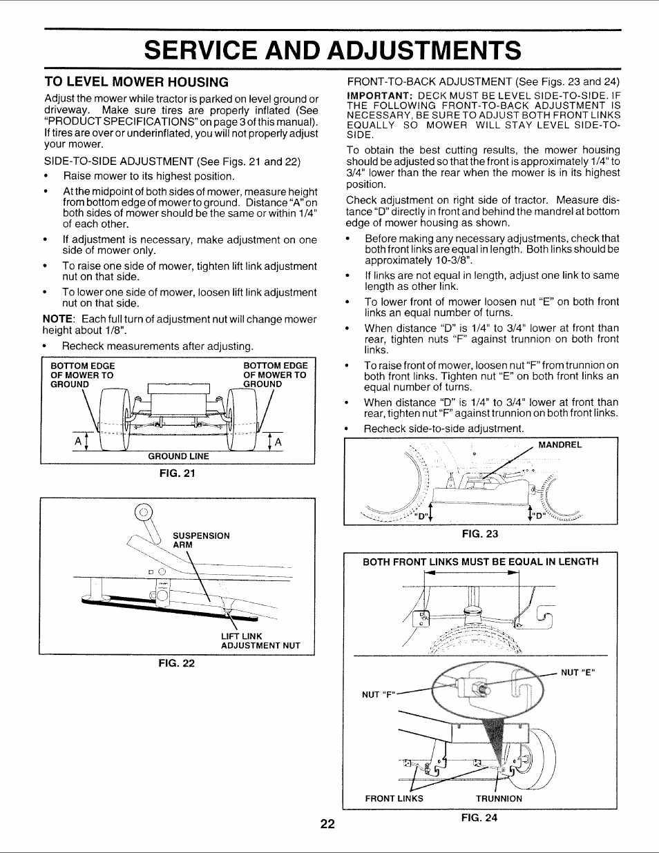 To level mower housing, Service and adjustments | Sears 917.252714 User Manual | Page 82 / 120