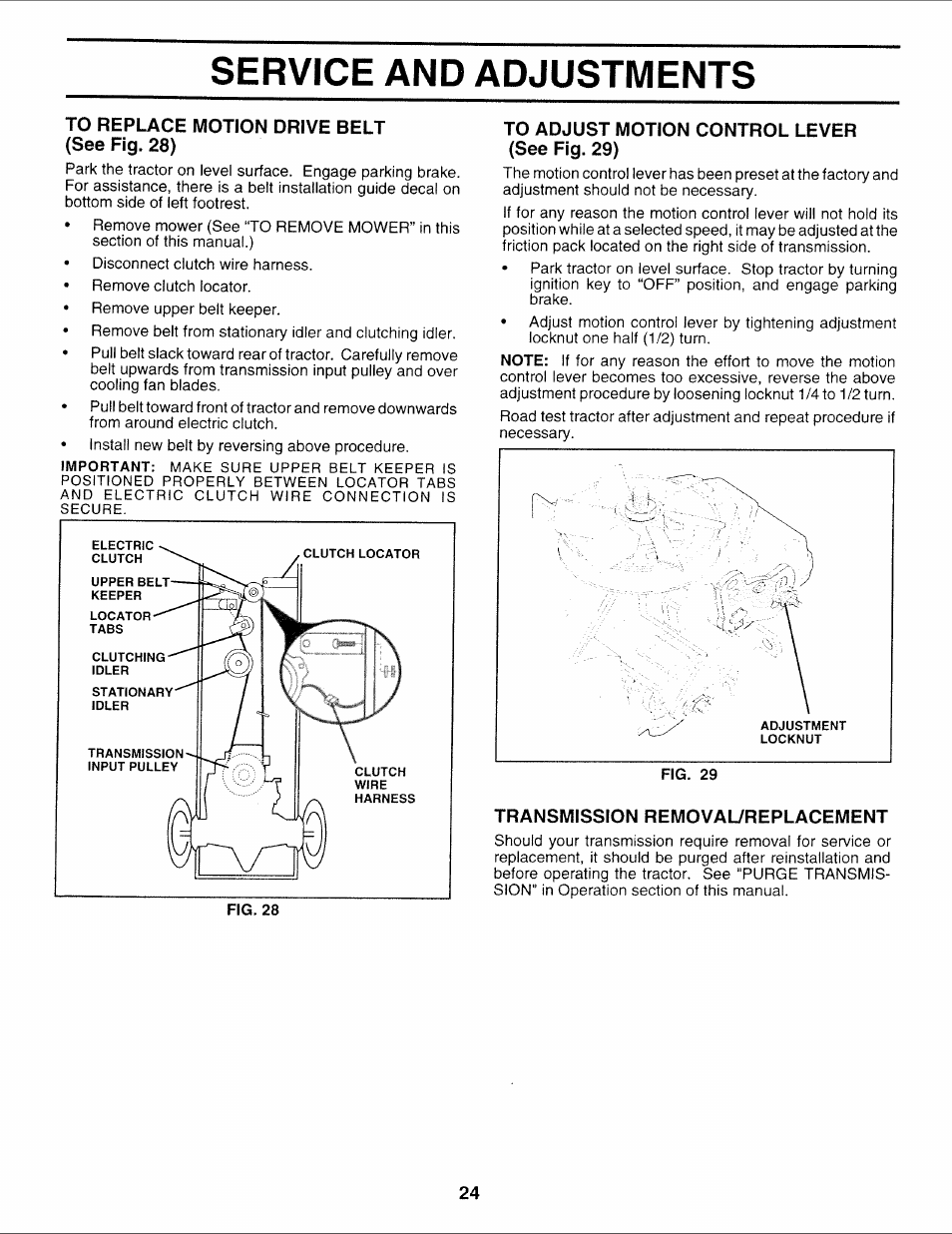 To replace motion drive belt (see fig. 28), To adjust motion control lever (see fig. 29), Transmission removal/replacement | Service and adjustments | Sears 917.252714 User Manual | Page 84 / 120