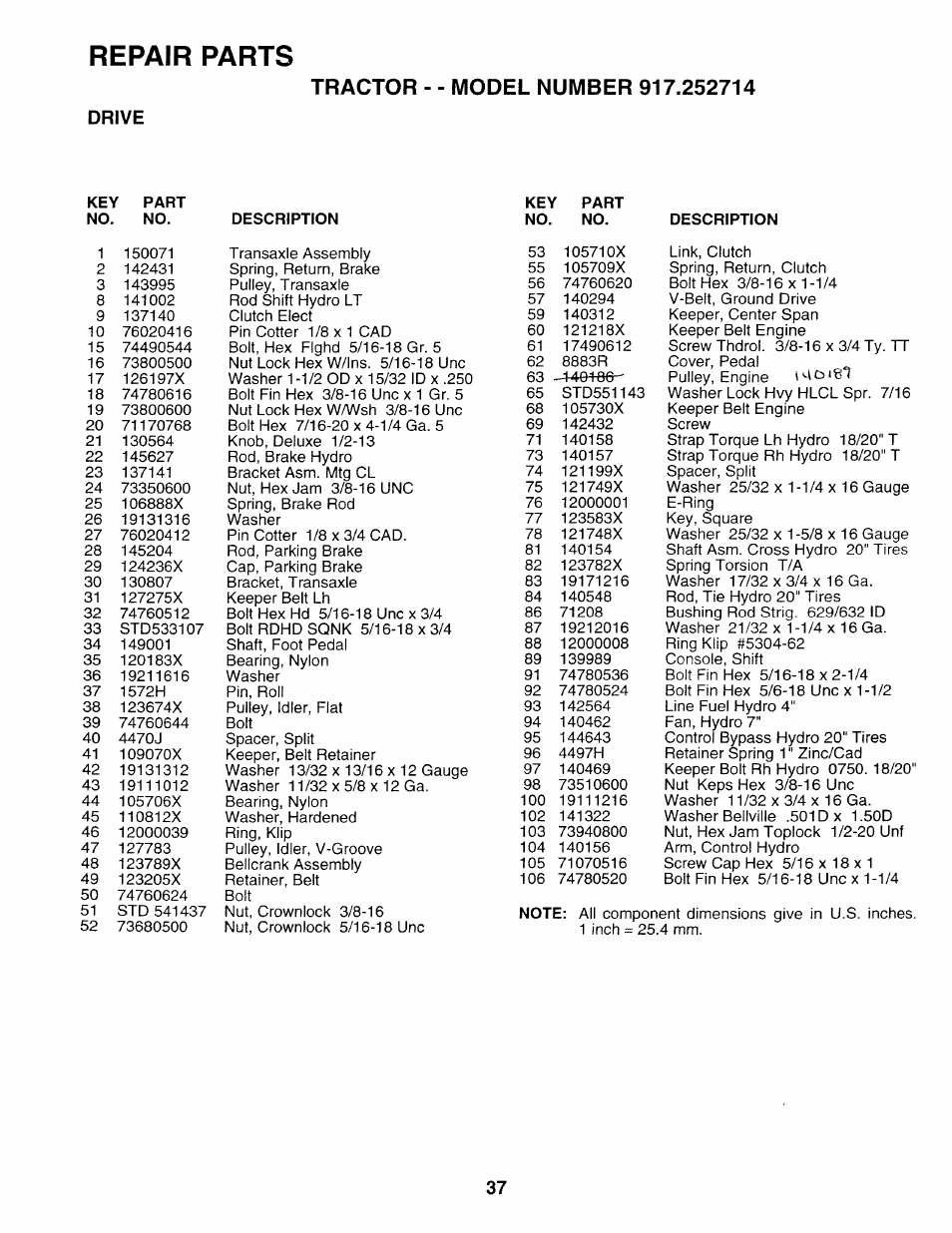 Drive, Repair parts | Sears 917.252714 User Manual | Page 97 / 120