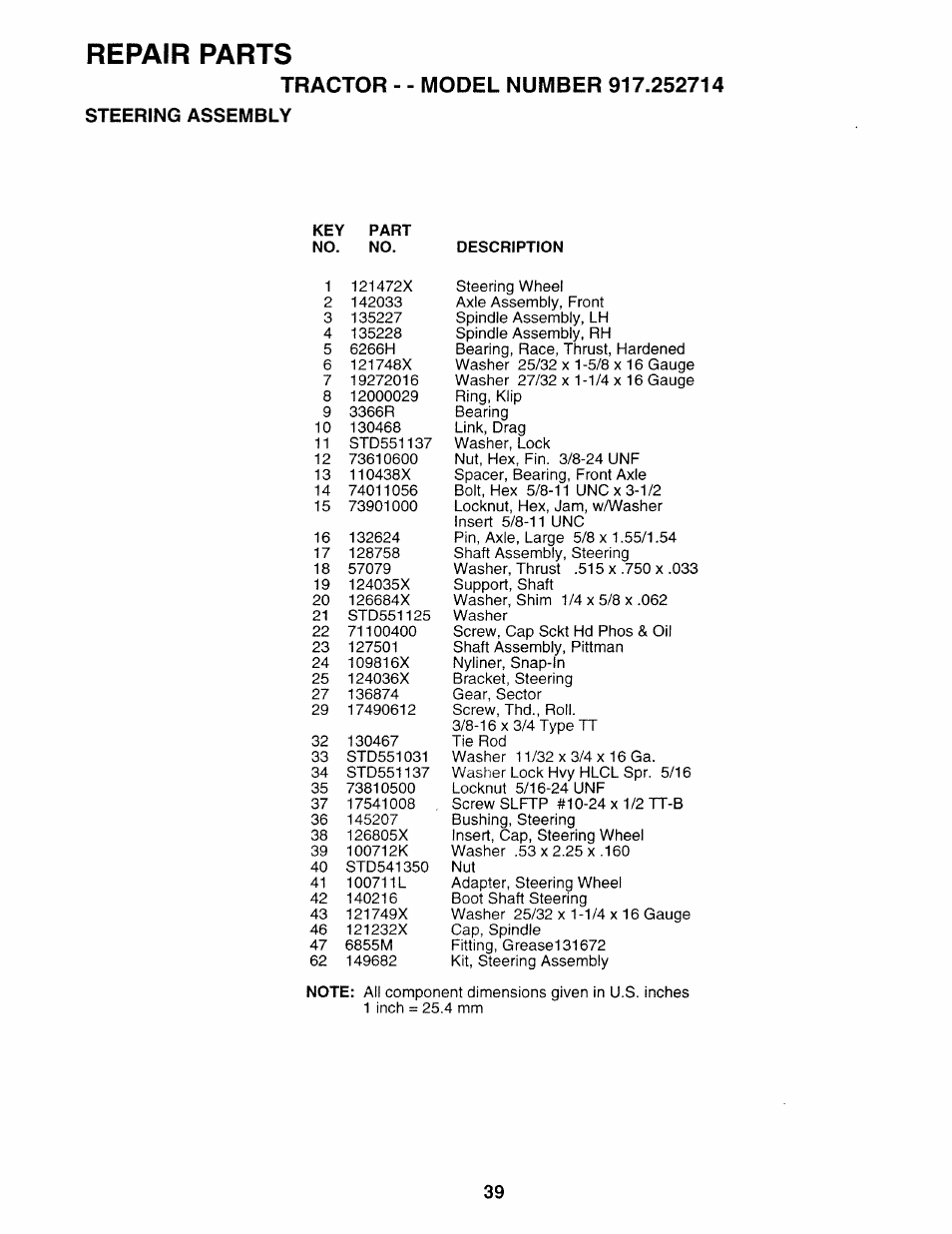 Tractor - - model number 917.252714, Steering assembly, Repair parts | Sears 917.252714 User Manual | Page 99 / 120