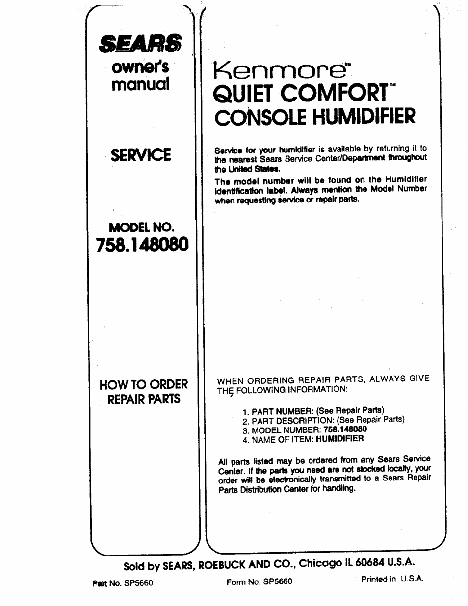 Ears, Kenmore, Console humidifier | Quiet comfort, Owner's manud, Service | Sears 758.14808 User Manual | Page 12 / 12