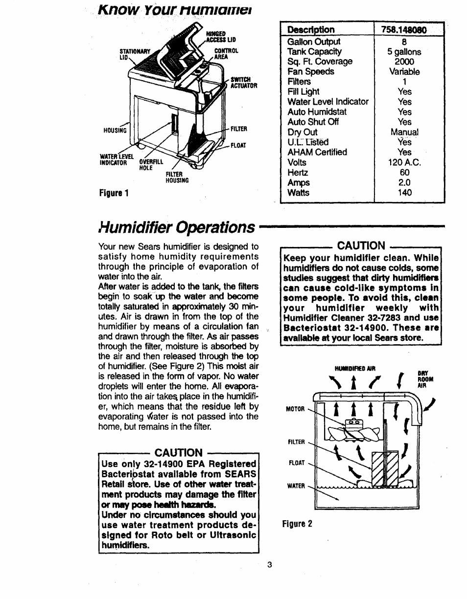 Humidifier operations, Caution | Sears 758.14808 User Manual | Page 3 / 12