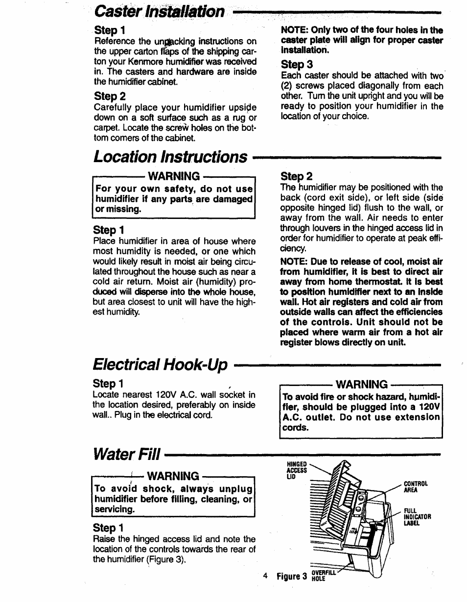 Cas^rlnitáílétkm, Step1, Step 2 | Location instructions, Warning, Step 1, Electrical hook-up, Water fill, Location instructions electrical hook-up, Steps | Sears 758.14808 User Manual | Page 4 / 12