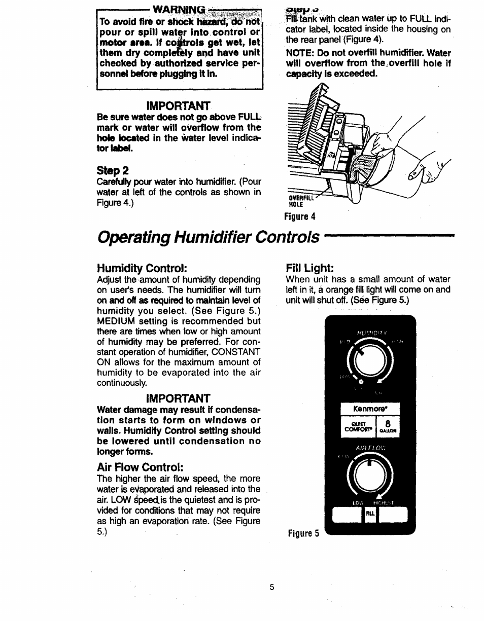 Important, Step2, Operating humidifier controls | Humidity control, Air flow control, Warning, Fill light | Sears 758.14808 User Manual | Page 5 / 12