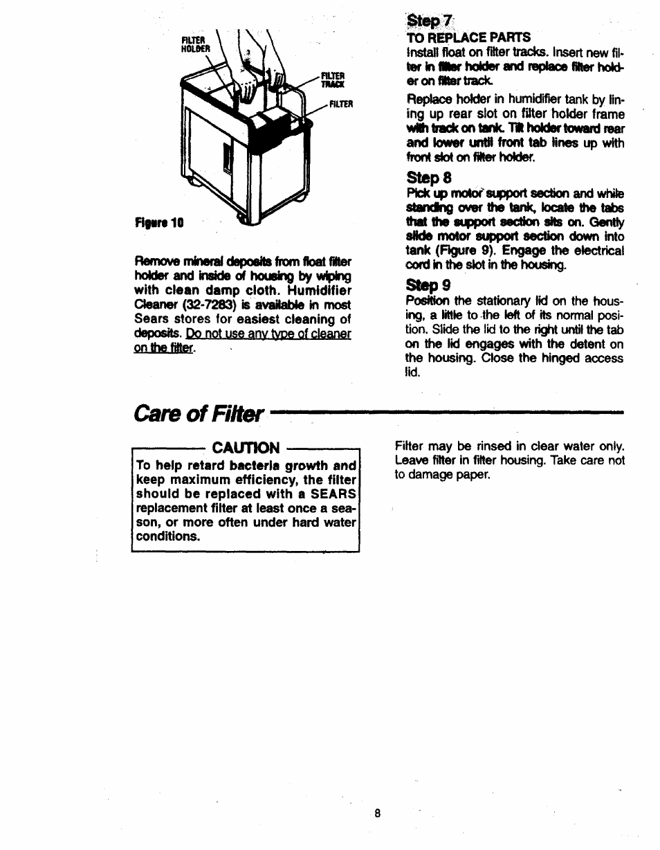 Care of filter, Steps, Caution | Sears 758.14808 User Manual | Page 8 / 12