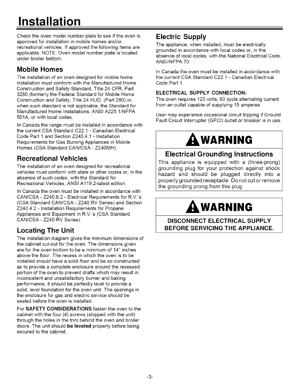 Installation, Mobile homes, Recreational vehicles | Locating the unit, Electric supply, Warning, Electrical grounding instructions | Sears 8101 P590-60 User Manual | Page 3 / 8