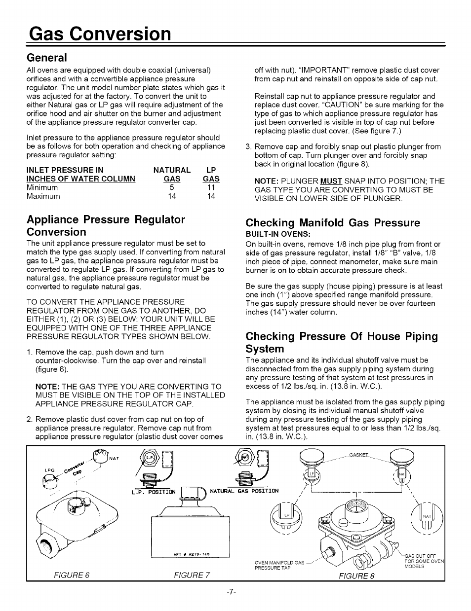 Gas conversion, General, Appliance pressure regulator conversion | Checking manifold gas pressure, Checking pressure of house piping system | Sears 8101 P590-60 User Manual | Page 7 / 8