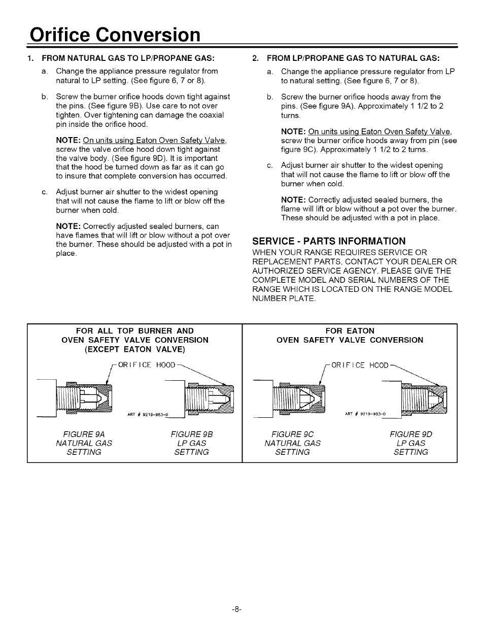 Orifice conversion, Service - parts information | Sears 8101 P590-60 User Manual | Page 8 / 8
