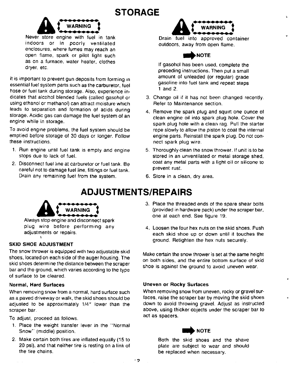 Storage, Warning, Warning i | Note, Adjustments/repairs, Skid shoe adjustment, Normal, hard surfaces, Uneven or rocky surfaces | Sears 247.8867 User Manual | Page 12 / 32