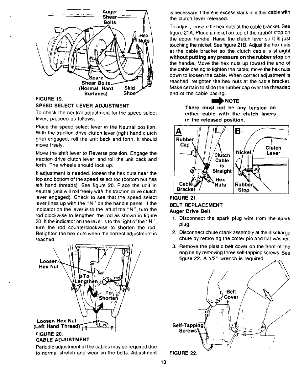 Speed select lever adjustment, Belt replacement auger drive belt | Sears 247.8867 User Manual | Page 13 / 32