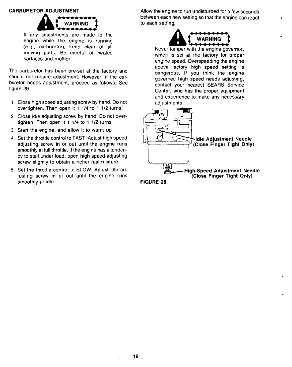Carburetor adjustment, Warning | Sears 247.8867 User Manual | Page 16 / 32