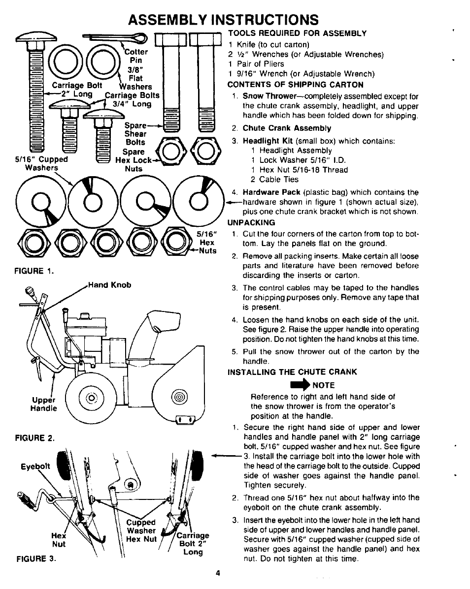 Chute crank assembly, Installing the chute crank ^^note, Assembly instructions | Sears 247.8867 User Manual | Page 4 / 32