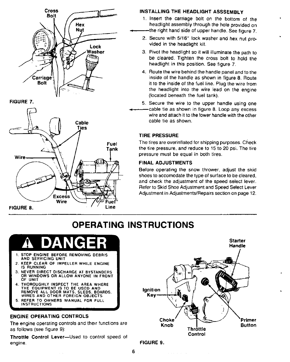 Installing the headlight asssembly, Tire pressure, Final adjustments | Operating instructions, Engine operating controls, A danger | Sears 247.8867 User Manual | Page 6 / 32