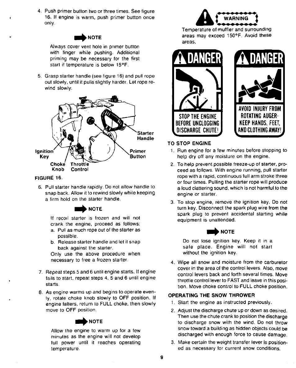 Ignition key, Figure 16, Note | To stop engine, Operating the snow thrower, Danger | Sears 247.8867 User Manual | Page 9 / 32