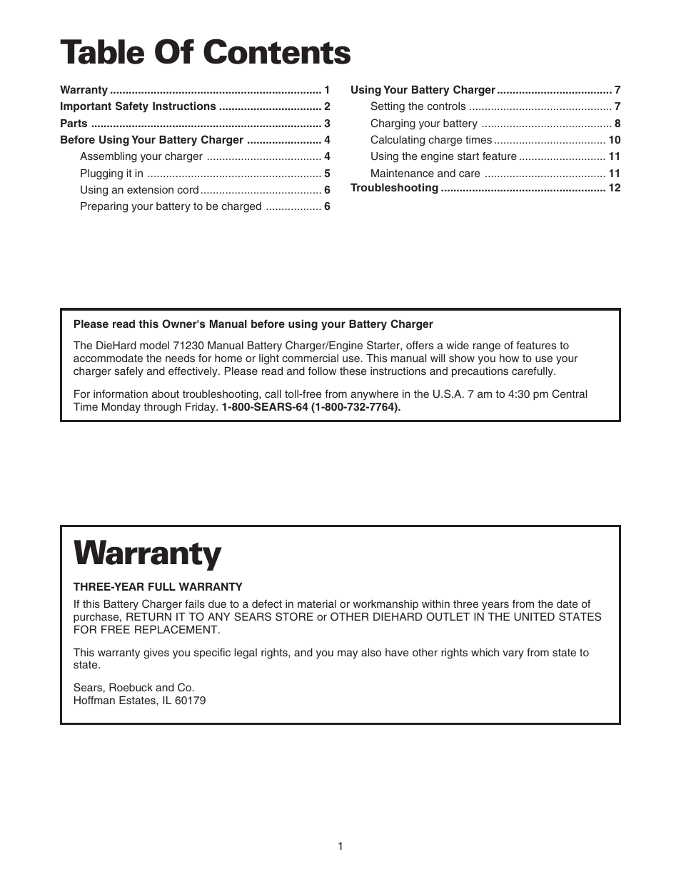 Table of contents warranty | Sears 200.71231 User Manual | Page 2 / 14