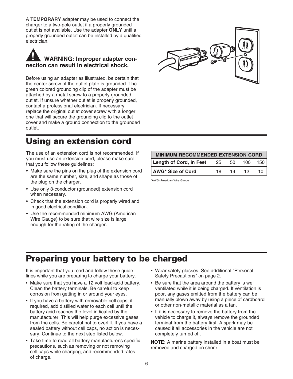 Preparing your battery to be charged, Using an extension cord | Sears 200.71231 User Manual | Page 7 / 14