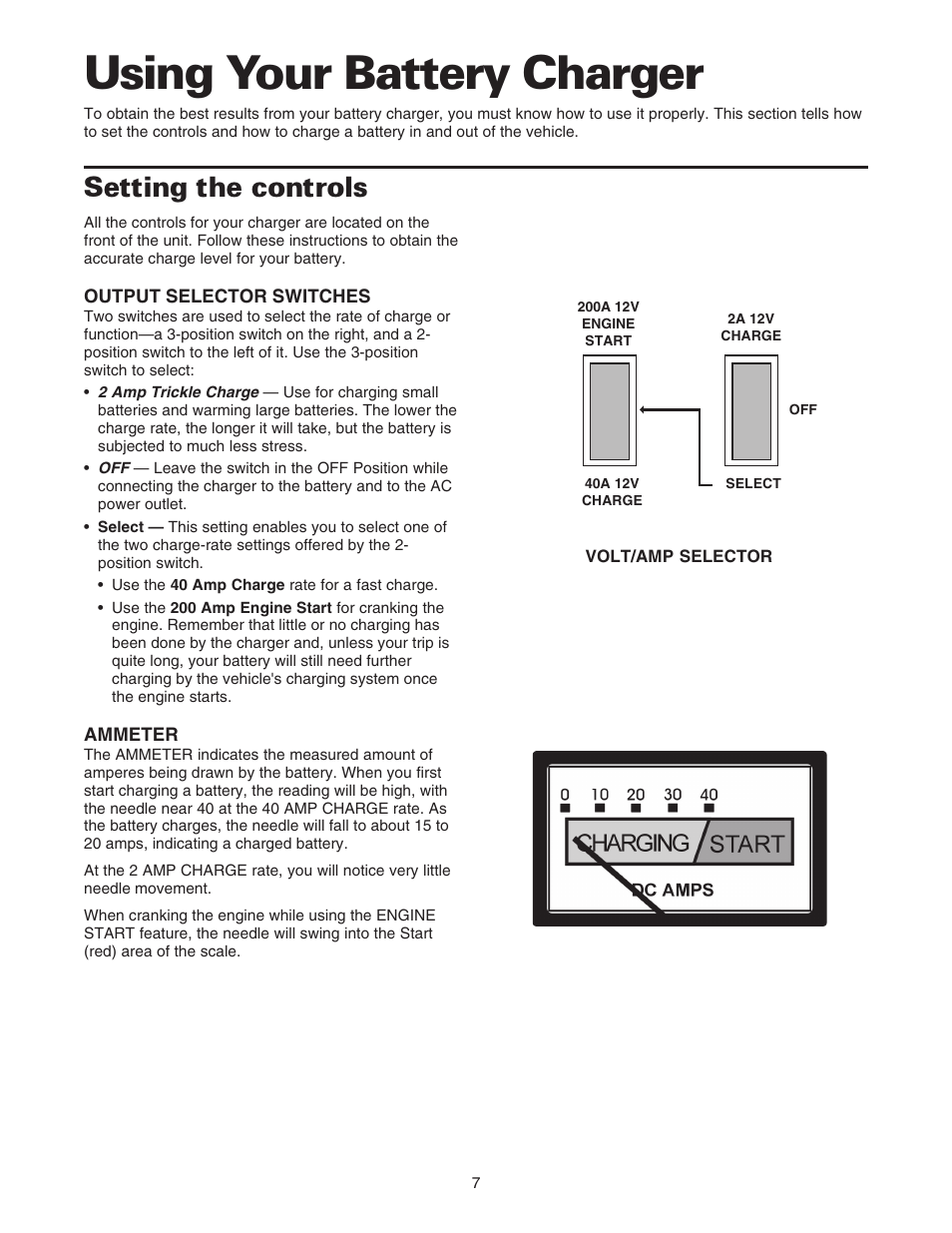 Using your battery charger, Setting the controls | Sears 200.71231 User Manual | Page 8 / 14