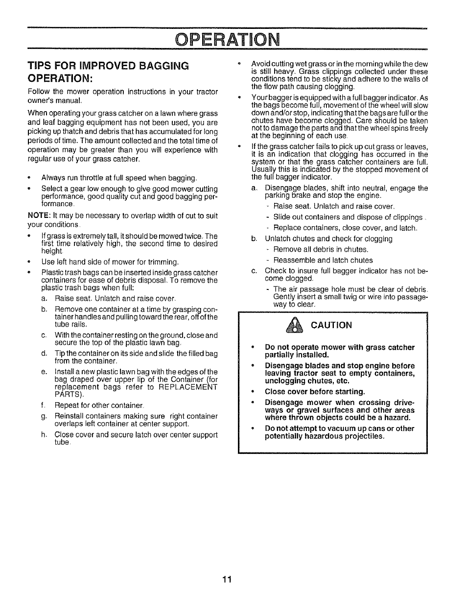 Tips for isyiproved bagging operation, Operation | Sears 917.249491 User Manual | Page 11 / 16