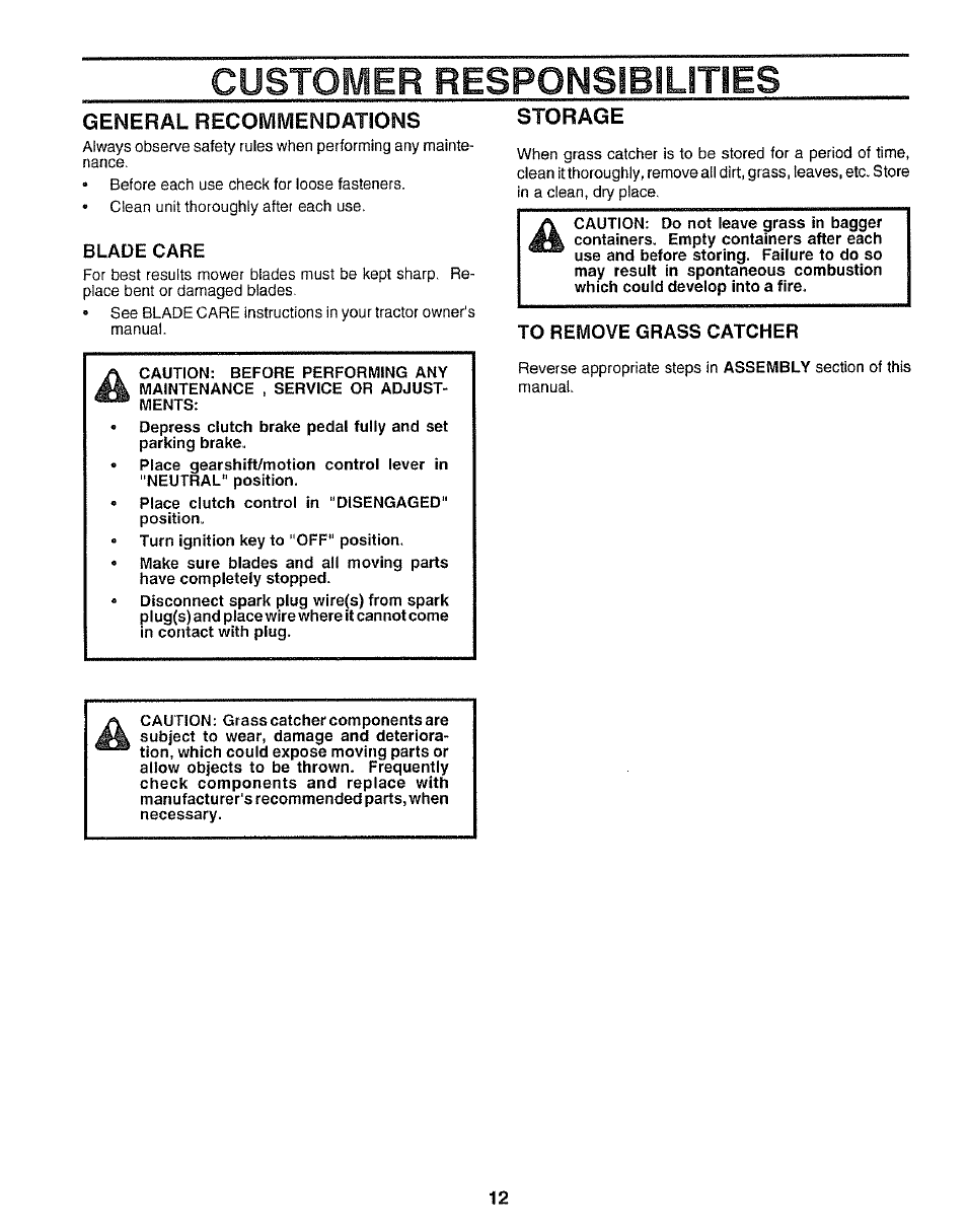Customer responsibilities, General recommendations, Blade care | Storage, To remove grass catcher | Sears 917.249491 User Manual | Page 12 / 16