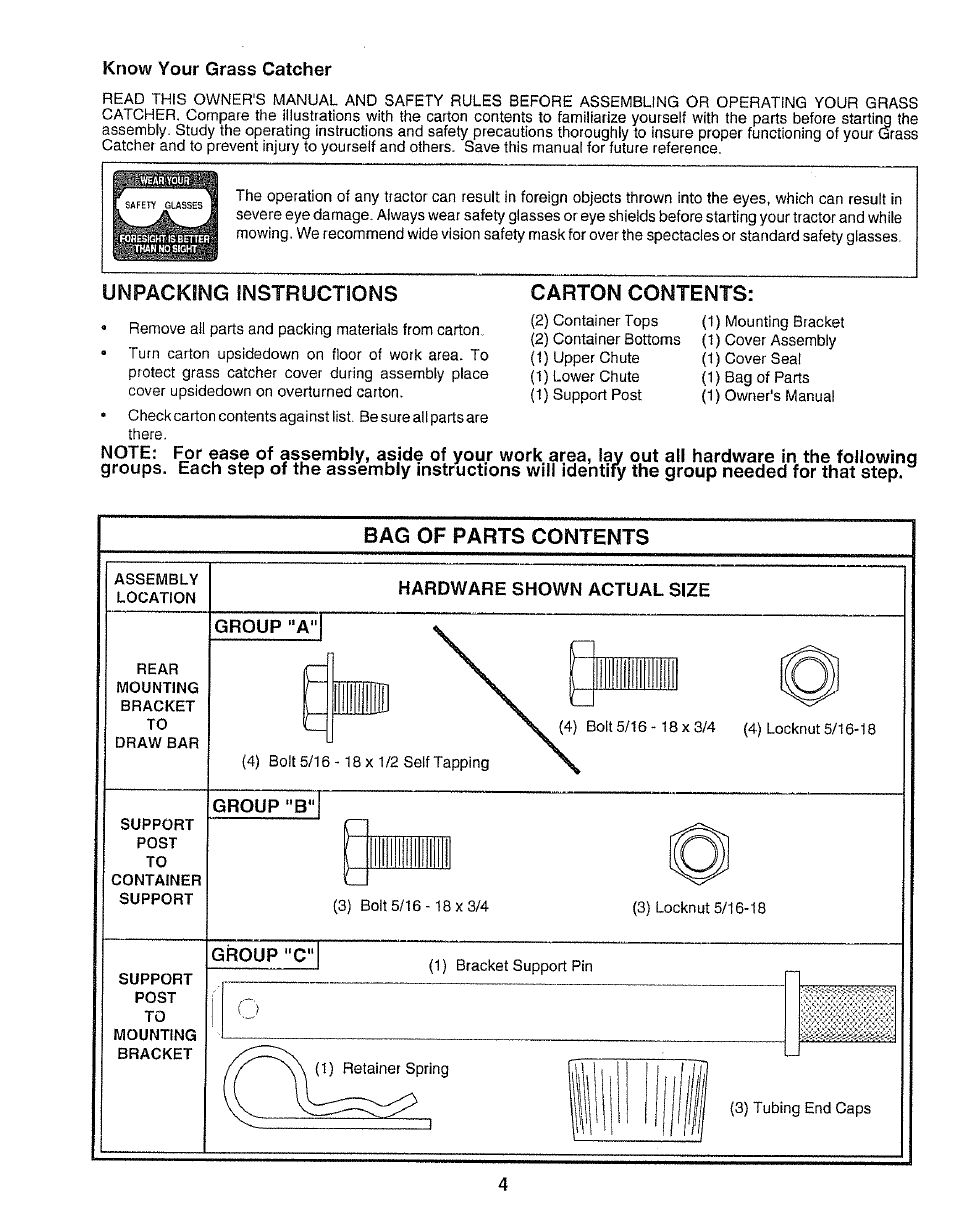 Know your grass catcher, Unpacking instructions, Carton contents: unpacking instructions | Sears 917.249491 User Manual | Page 4 / 16