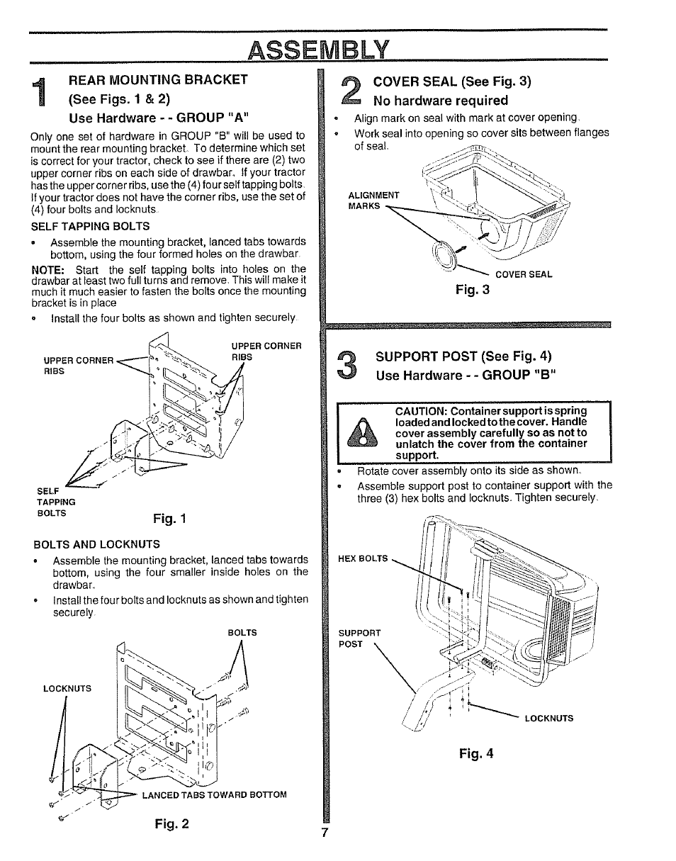 See figs. 1 & 2), Use hardware - - group "a, Cover seal (see fig. 3) | No hardware required, Fig, 4 | Sears 917.249491 User Manual | Page 7 / 16